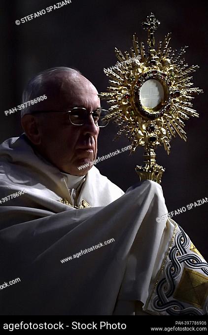 March 13, 2023 marks 10 years of Pontificate for Pope Francis. in the picture : Pope Francis during a Corpus Domini procession between the basilicas San...