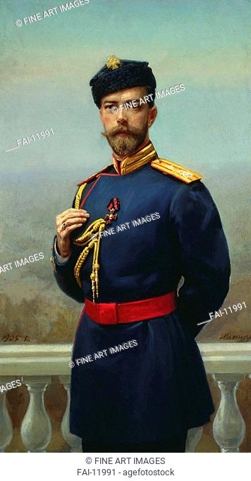 Portrait of Emperor Nicholas II (1868-1918) with the Cross of Saint Vladimir. Maniser, Genrich Matveyevich (1847-1925). Oil on canvas