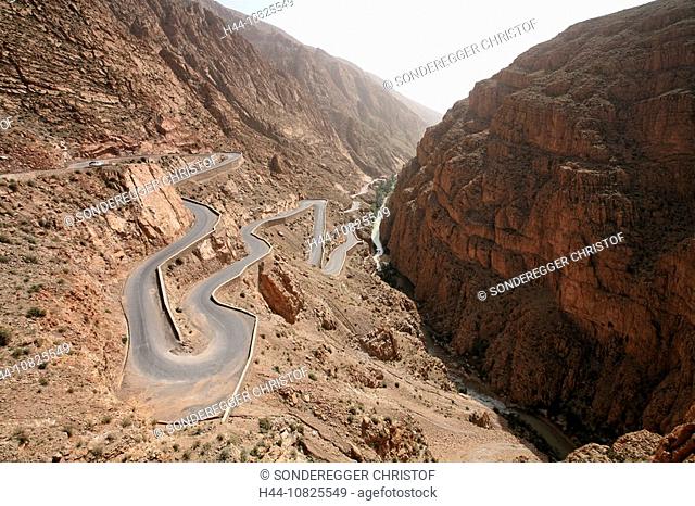 mountain pass, Serpentines, street, mountain road, gulch, desert, rock, cliff, Dades, valley, Gorge, Morocco, Africa