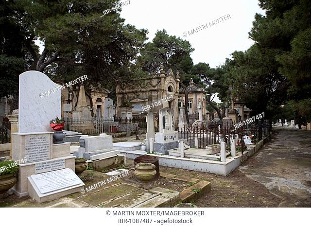 Typical cemetery with decorated gravestones in Valletta, Malta, Europe
