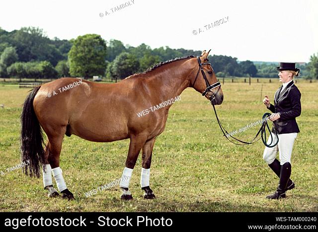 Woman wearing riding gear face to face with horse on a meadow