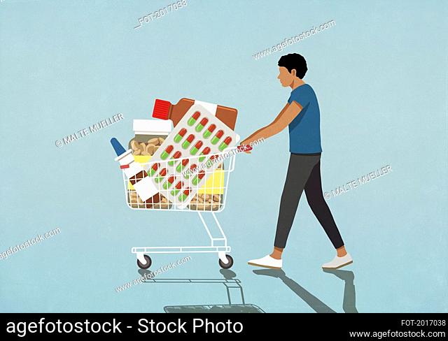 Man pushing shopping cart with medication