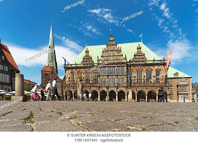View over the marketplace of Bremen to the Church of Our Lady and the town hall The Bremen Town Hall is one of the most important monuments of the Gothic and...