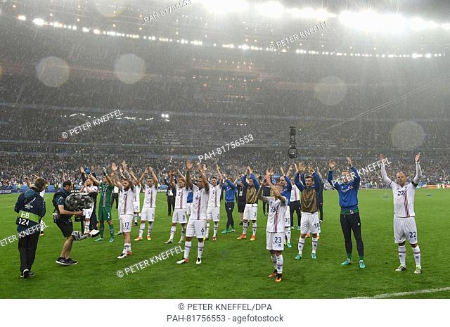 Iceland's players perform the so called Haka after the UEFA EURO 2016 quarter final soccer match between France and Iceland at the Stade de France in...