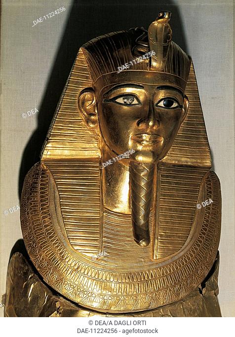Egyptian civilization, Third Intermediate Period, Dynasty XXI. Gold funerary mask of Psusennes I. From Tanis, Egypt.  Cairo, Egyptian Museum