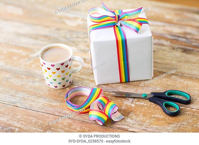 cacao, gift, gay awareness ribbon and scissors
