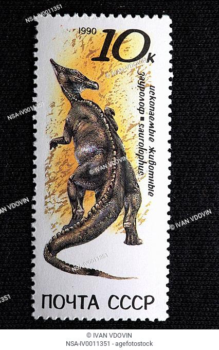 Saurolophus, postage stamp, USSR, 1990