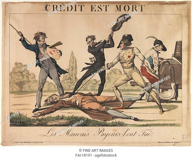 Crédit est Mort (Credit is dead). Anonymous . Copper engraving, watercolour. Caricature. Early 19th cen. . Private Collection. 26x34, 5. Graphic arts