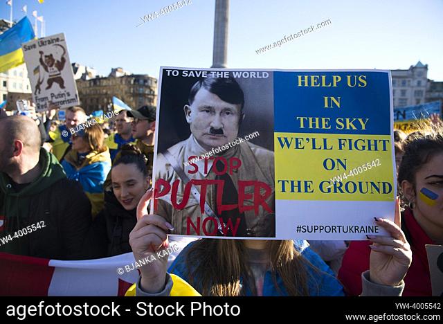 Stop Putler now, Stand by Ukraine protest, Trafalgar Square, London, UK, 27th February 2022