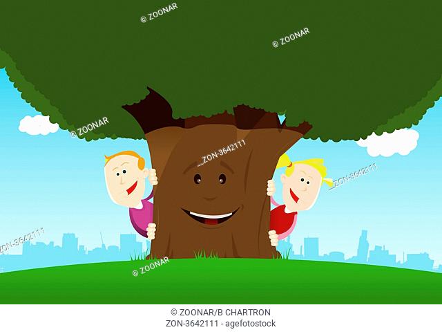 Illustration of cute cartoon kids hiding behind an nice anthropomorphic tree