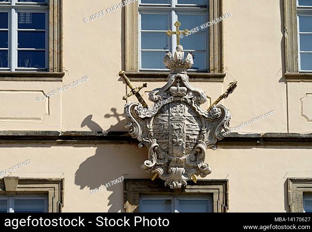 germany, bavaria, upper franconia, bamberg, maximiliansplatz, new town hall, facade, city arms, detail
