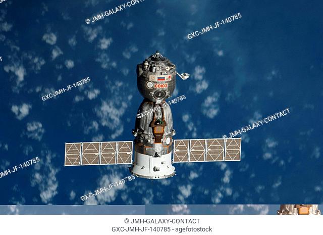 The Soyuz TMA-12M spacecraft departs from the International Space Station and heads toward a landing in a remote area near the town of Zhezkazgan, Kazakhstan