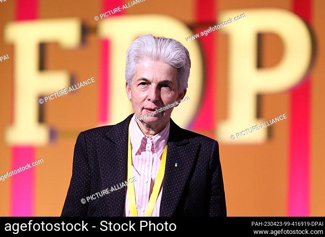 23 April 2023, Berlin: Marie-Agnes Strack-Zimmermann (FDP) stands in front of an FDP logo at the FDP federal party conference
