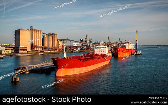 Rotterdam, South Holland, Netherlands - May 23, 2019: Ships and industry in the Beneluxhaven of Europoort