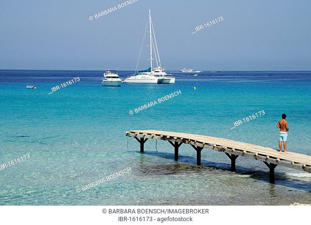 Sailboat, boat dock, pier, Mediterranean, Platja de Ses Illetes, La Savina, Formentera, Pityuses, Balearic Islands, Spain, Europe