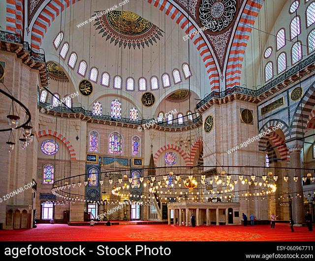 ISTANBUL, TURKEY - MAY 28 : Interior view of the Suleymaniye Mosque in Istanbul Turkey on May 28, 2018. Unidentified people