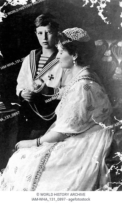 Photograph of the Tsarina of Russia, Alexandra with her son the Tsarevich, Alexis. 1913