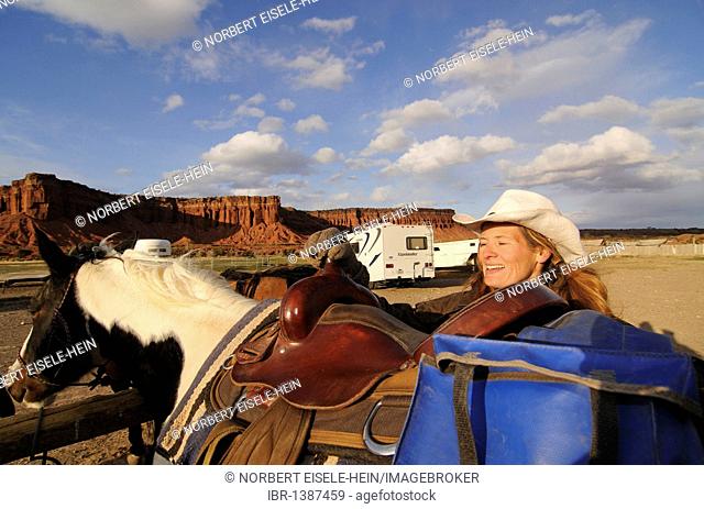 Cowgirl, rider at Torrey, Capitol Reef National Park, Utah, USA