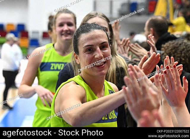 Teja Oblak (Praha) greets fans after the Women's Basketball European League, Group B, 10th round, match ZVVZ USK Praha vs Serco UNI Gyor, in Prague
