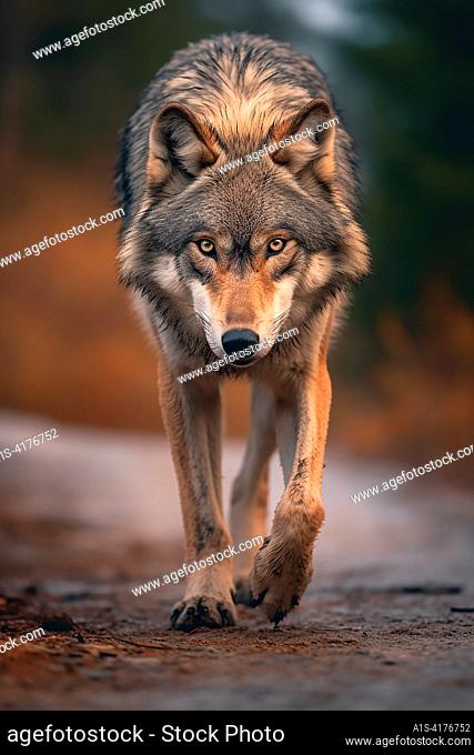 A wild wolf walking on a forest