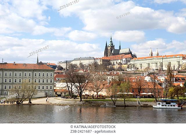 View across the Vltava River of Mala Strana and Prague Castle on a spring day, Prague, Czech Republic, Europe