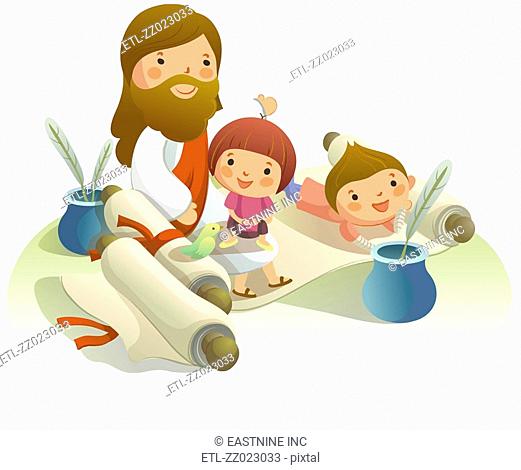Jesus Christ with two children on a scroll