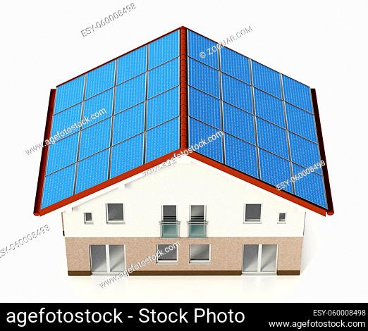 Solar panels installed on house roof. 3D illustration