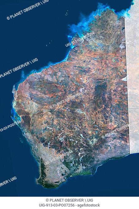 Satellite view of Western Australia (with administrative boundaries and mask). This image was compiled from data acquired by Landsat 8 satellite in 2014