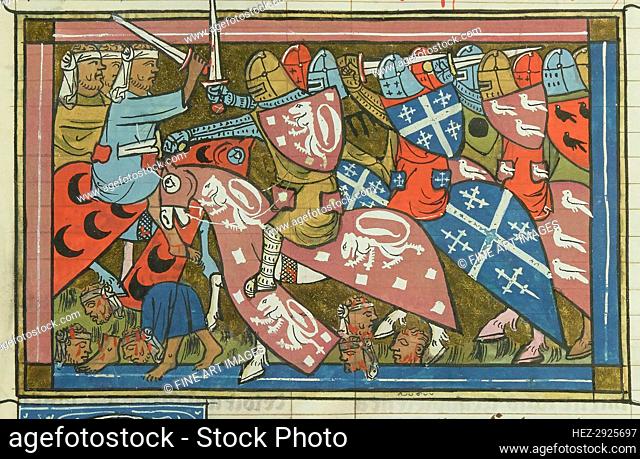 The siege of Damietta of 1218-1219 (From Li rommans de Godefroy de Buillon et de Salehadin), 1337. Creator: Maître de Fauvel (active 1314-1340)
