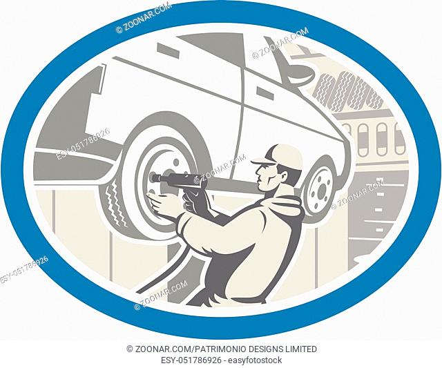 Illustration of an automotive mechanic changing repairing automobile car vehicle tire in workshop garage set inside oval shape done in retro style