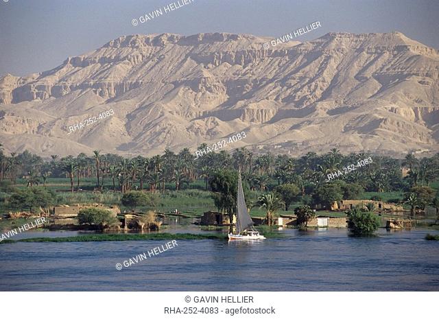Felucca on the River Nile, looking towards Valley of the Kings, Luxor, Thebes, Egypt, North Africa, Africa
