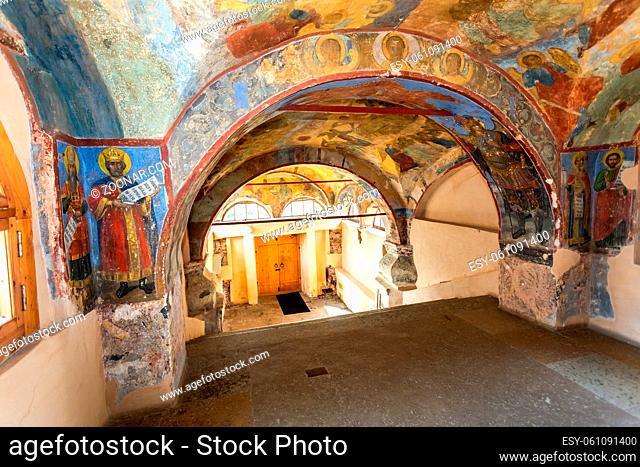 Veliky Novgorod, Russia - August 23, 2019: Ancient Frescoes in Znamensky Cathedral. Cathedral of Our Lady of the Sign (1682-1688)