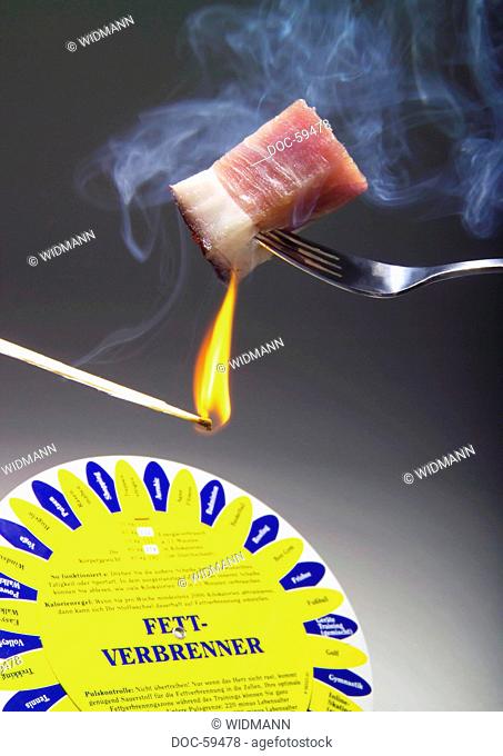 Symbol - Fat verb runner - bacon speared onto fork is lit with burning match - under that a stencil with fat verb runner
