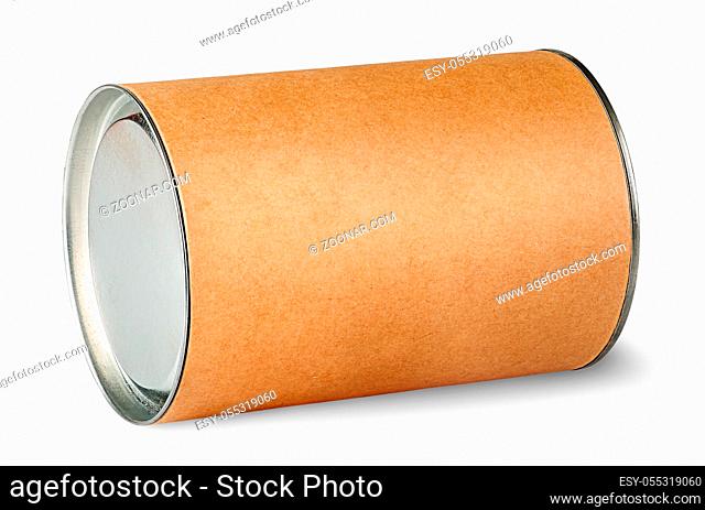 Cardboard tube with metal lids isolated on white background