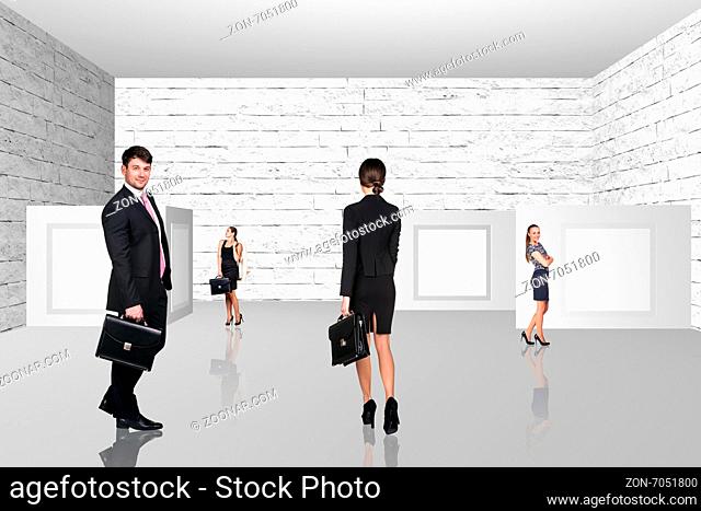 Business people walking on art gallery on light background