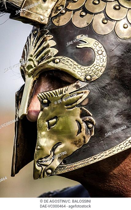Roman soldier wearing a Corinthian helmet, 450-400 BC. Historical reenactment