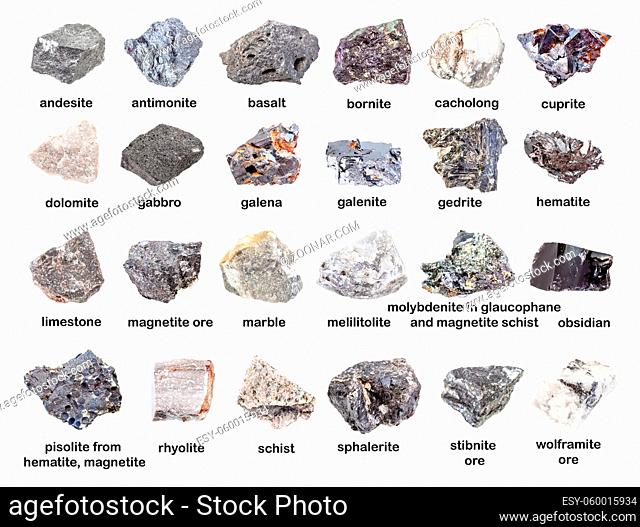 set of various gray unpolished stones with names (galenite, hematite, pisolite, sphalerite, cuprite, marble, cacholong, gedrite, basalt, schist, limestone