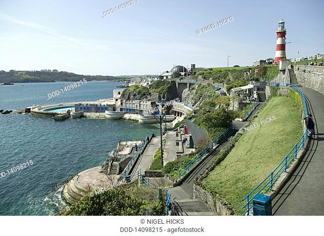 Great Britain, England, Devon, Plymouth, View of the seafront at the Citadel and The Hoe, Smeaton's Tower and lido in the background
