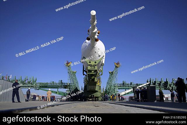The Soyuz rocket is prepared to be raised vertical after having rolled out by train to the launch pad, Sunday, Sept. 18, 2022