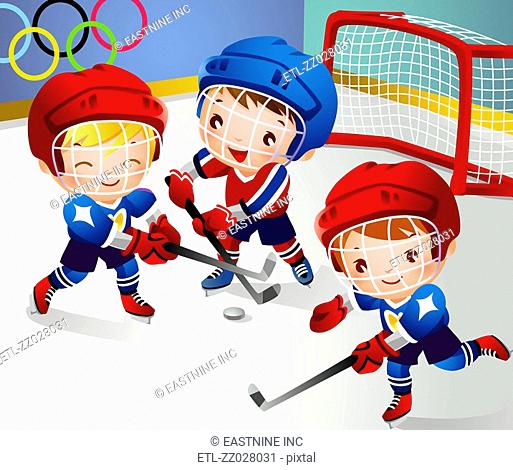 Three boys playing ice hockey