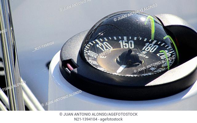 Navigation compass on a sailing boat at Port Balís,  Sant Andreu de Llavaneres, Barcelona, Catalonia, Spain, Europe
