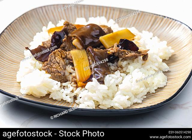 beef with bamboo and soy sauce on rice