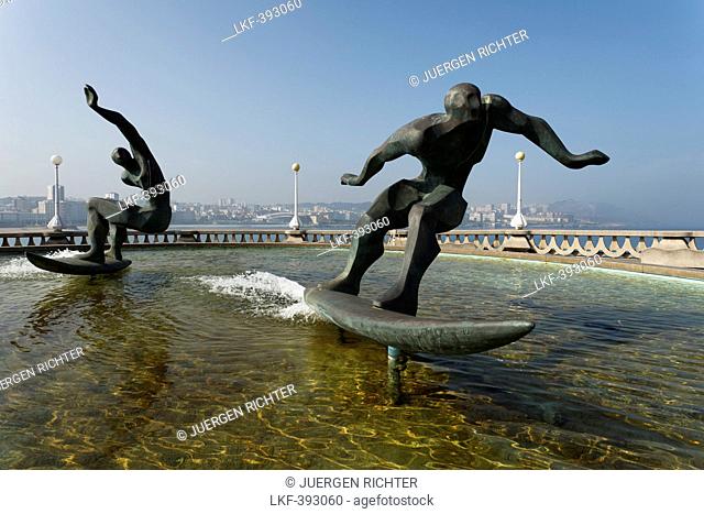 Fountain with sculpture, surfer, seaside promenade, La Coruna, A Coruna, Camino Ingles, Camino de Santiago, Way of Saint James, pilgrims way