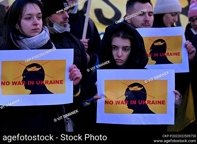 Protest Let Us Stop War in Ukraine! hold by Levice (Left Wing) Party at the Wenceslas Square in Prague, Czech Republic, February 25, 2022