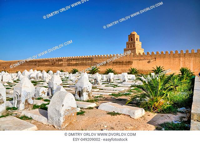 Ancient muslim cemetery near Great Mosque in Kairouan, Sahara Desert, Tunisia, Africa, HDR