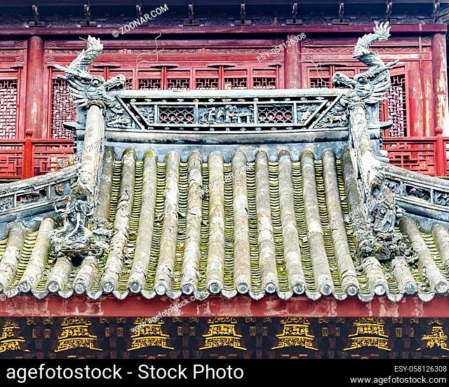 SHANGHAI, CHINA, DECEMBER - 2018 - Architectural detail view sixteenth century touristic yuyuan garden located at historic center of shanghai, china