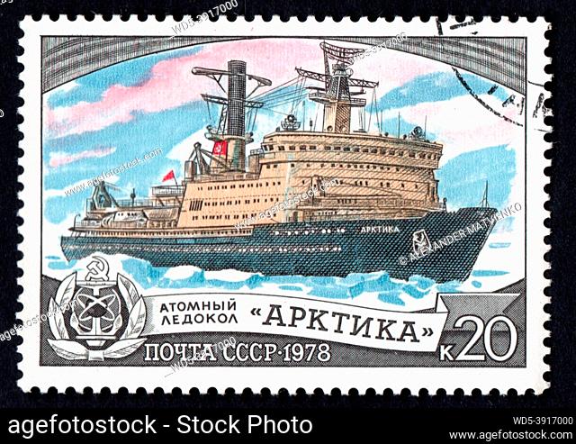 USSR - CIRCA 1978: Nuclear icebreaker Arctic imaged on Soviet postage stamp. Old Soviet postage stamp dedicated to Soviet ships. Philately hobby