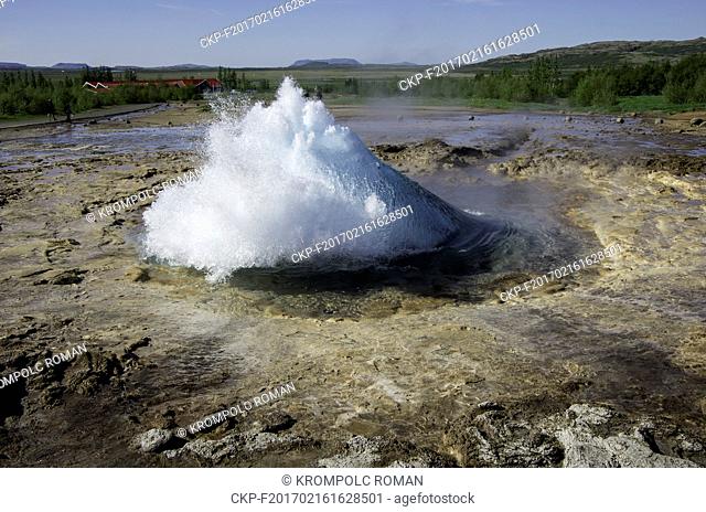 Geyser Strokkur in the geothermal area by the river Hvita in the initial phase of spouting in Reykjavik, Iceland, June 5, 2016