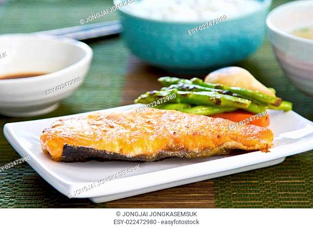 Grilled Salmon with Miso soup and rice