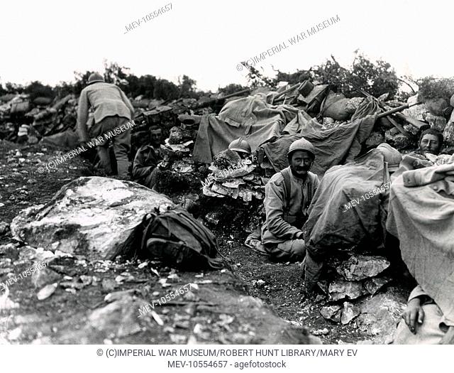 Scene in a Serbian Front trench during the Battle of Kajmakchalan between Bulgarian and Serbian troops on the Macedonian Front, First World War